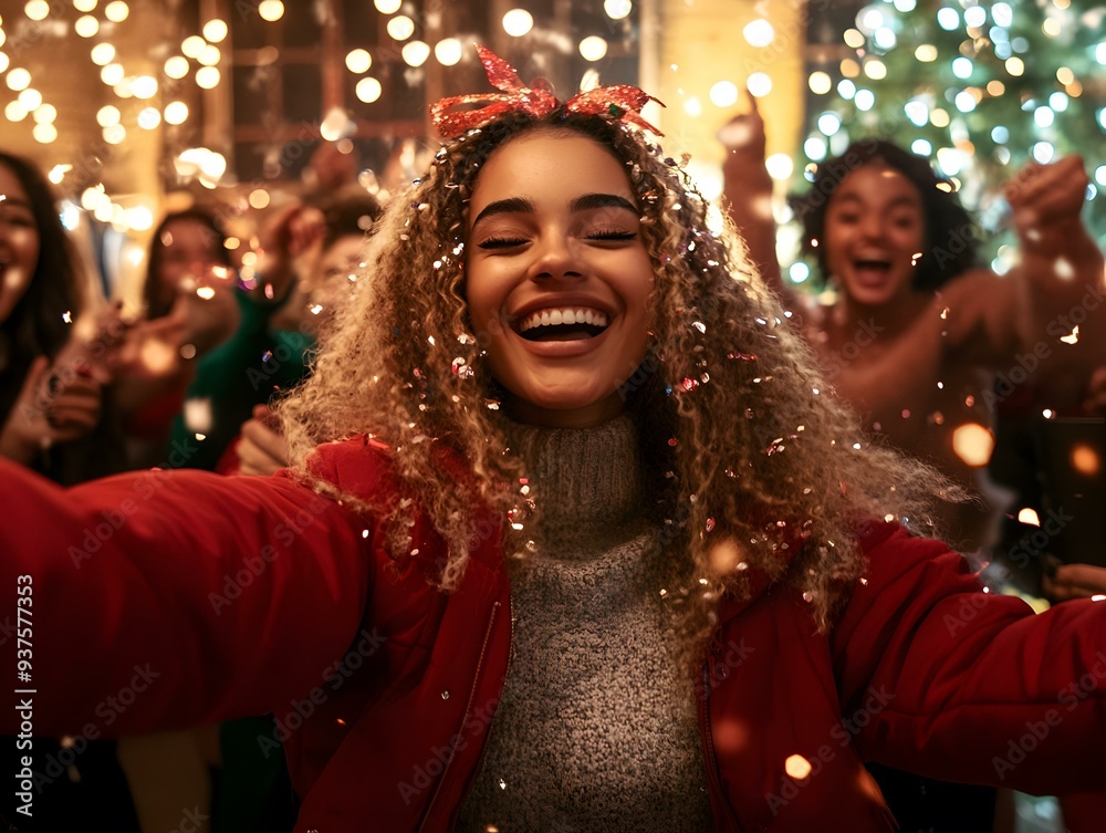 Happy Woman Celebrating Christmas with Friends Happy Woman Celebrating Christmas with Friends