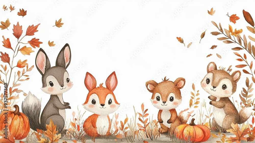 Naklejka premium Cute animals in autumn setting with pumpkins and leaves, expressing joy and playfulness. 