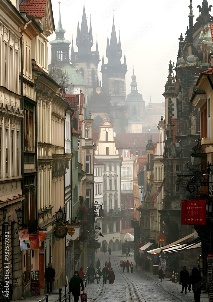 Naklejka premium Cobblestone Street in Prague with Foggy Cityscape