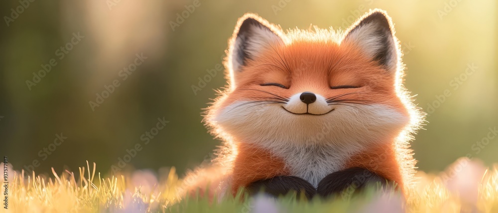 A tight shot of a plush toy resting on a blanket of grass Flowers dot the foreground, a forest stretches behind A tight shot of a plush toy resting on a blanket of grass Flowers dot the foreground, a forest stretches behind
