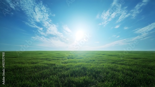 Stunning Expansive Green Meadow Under Bright Blue Sky with Wispy Clouds