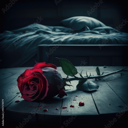 A dark and moody scene of a single, wilting red rose on a wooden table.