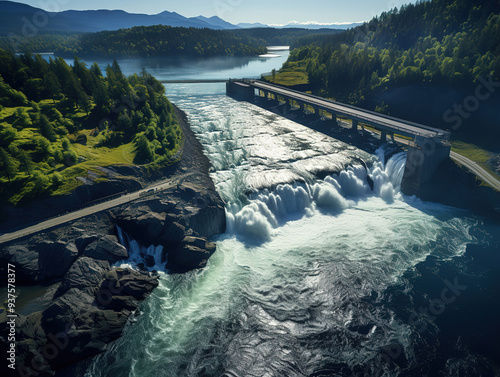 Fantastic A panoramic view of a dam nestled in a valley its imposing concrete walls photo