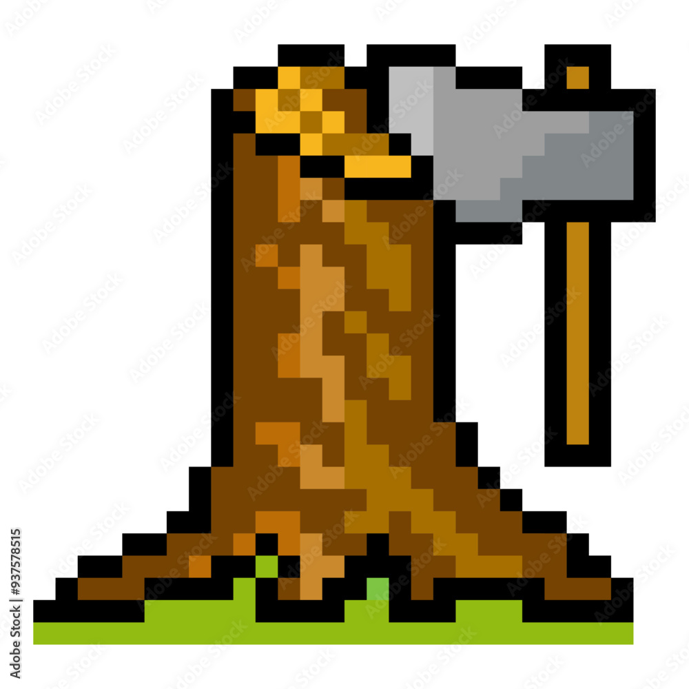 Fototapeta premium Tree stump with ax in pixel art style