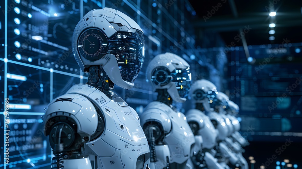 High-tech depiction of smart robots interpreting human activities for data analysis AI generated illustration High-tech depiction of smart robots interpreting human activities for data analysis AI generated illustration
