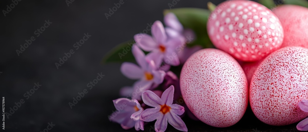 A table bears a collection of pink eggs, adjacent to a bunch of purple flowers against a black backdrop A table bears a collection of pink eggs, adjacent to a bunch of purple flowers against a black backdrop