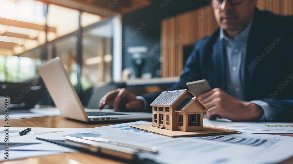 Fototapeta premium Home insurance being discussed in a property sales office with a model small building on the table AI generated illustration