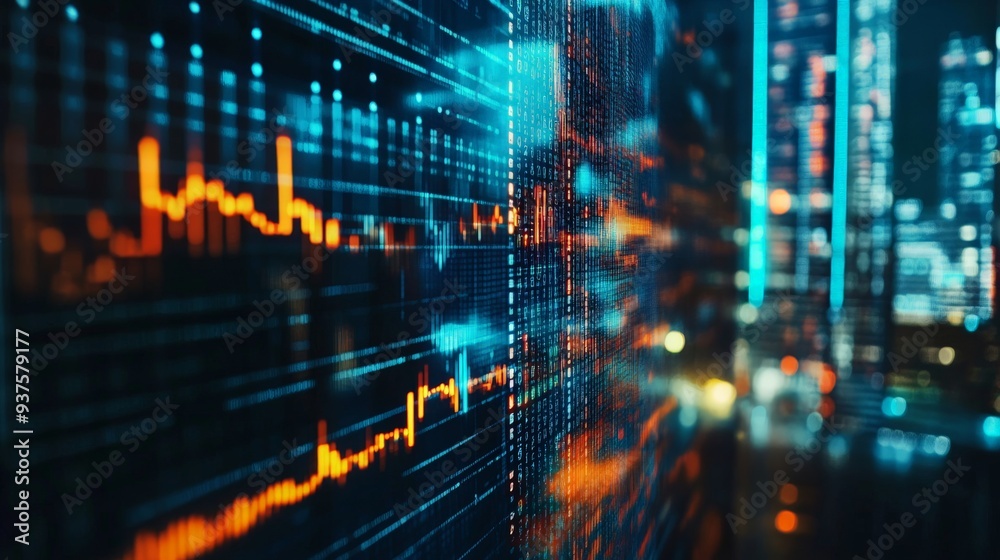 Futuristic financial data analytics with glowing graphs and charts, representing modern stock market trends and data visualization.