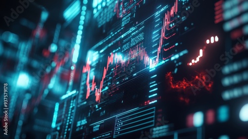 Futuristic financial data and stock market graph on glowing digital screen representing business analytics and technology.