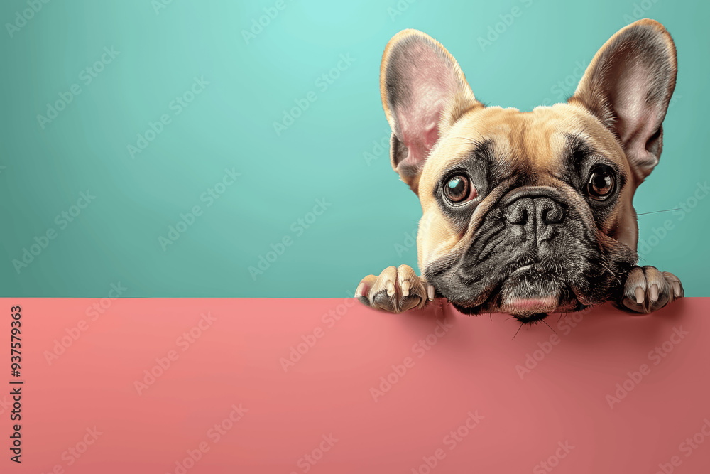 French Bulldog Peeking Over Pink Surface With Teal Background