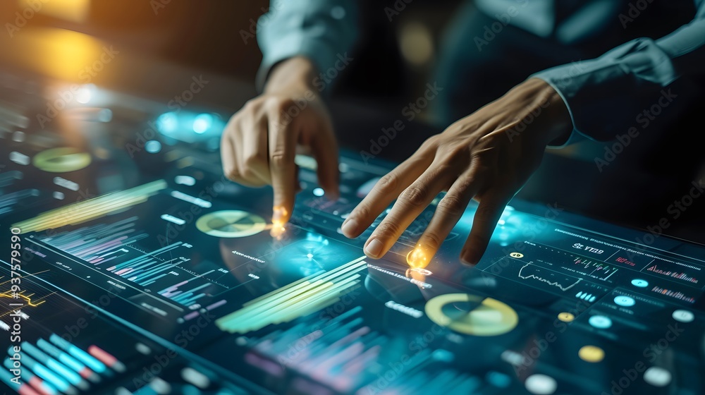 Obraz premium Illustrate a business analytics professional working on a large data set highlighting patterns and trends within the data AI generated illustration