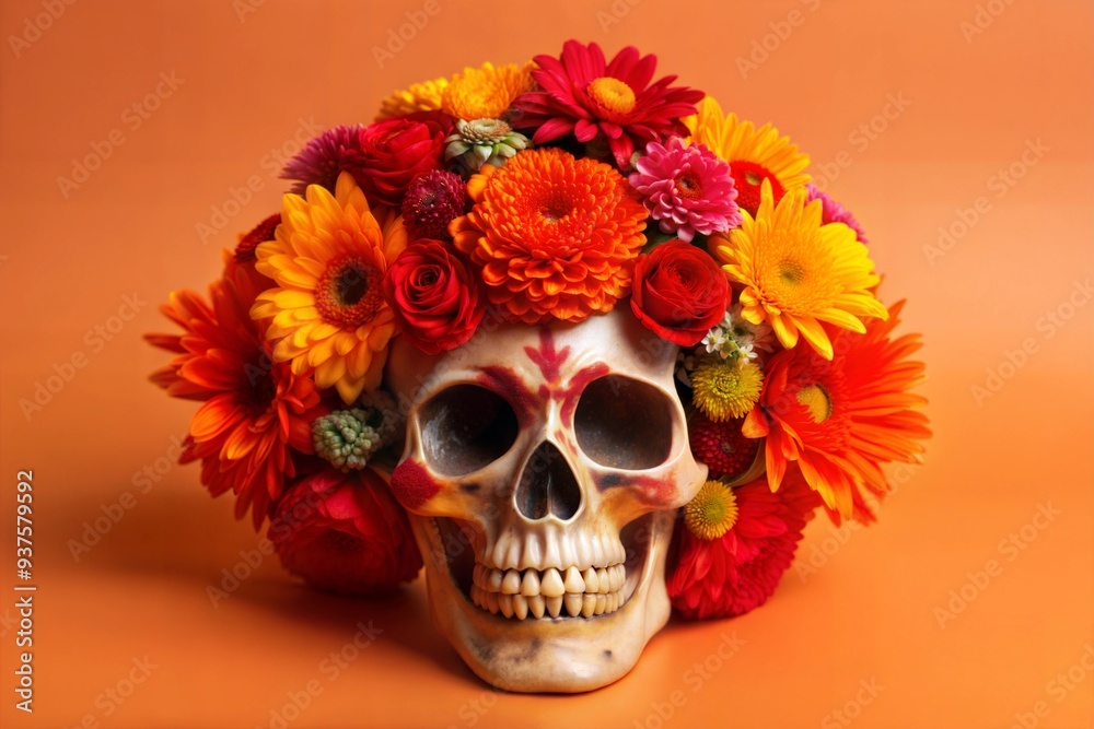 Floral Adorned Skull Vibrant Symbolism on Orange Background Floral Adorned Skull Vibrant Symbolism on Orange Background