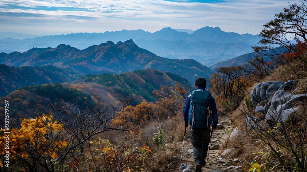 Fototapeta premium Hiker Admires the Breathtaking Mountain Panorama