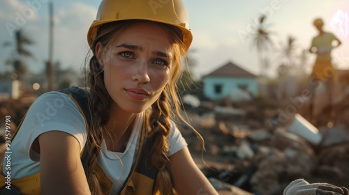 Volunteers helping to rebuild homes after a natural disaster, expressions of hope and resilience, promoting disaster relief and community recovery, construction site setting, teamwork visible photo