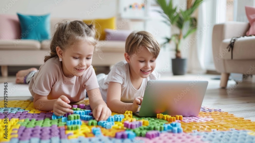 Fototapeta premium A couple is budgeting finances on a laptop while seated on a vibrant play mat filled with colorful building blocks, enjoying their time together in a welcoming living room atmosphere