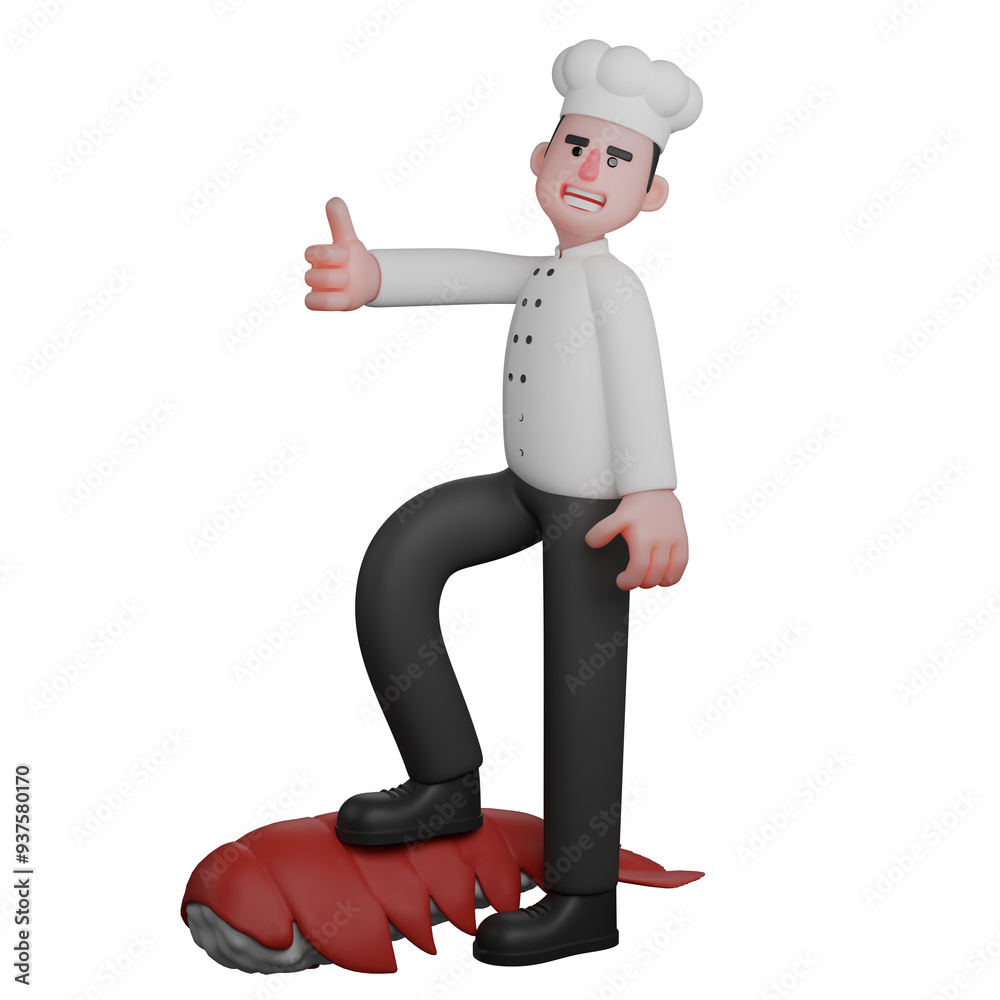 Cartoon Professional Chef. A confident chef places his foot on a giant shrimp while giving a thumbs up. 3D Male Cartoon Professional Chef. A confident chef places his foot on a giant shrimp while giving a thumbs up. 3D Male