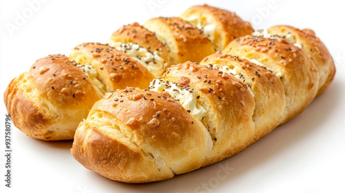 Korean cream cheese garlic bread, isolated with a clipping path on a white background, showcasing the bakery pastry without any shadow.