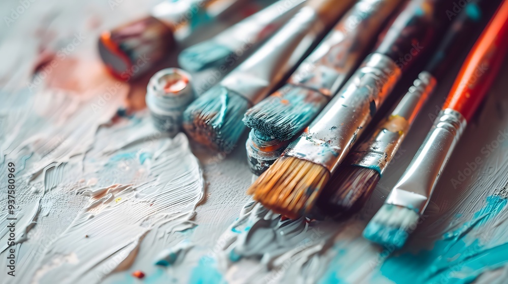 In close detail reveal a flat lay of artists paintbrushes and tubes of paint in a sparse minimalistic style AI generated illustration In close detail reveal a flat lay of artists paintbrushes and tubes of paint in a sparse minimalistic style AI generated illustration