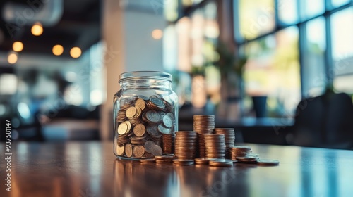 Jar full of coins on a wooden table in a bright office space, symbolizing savings and financial growth. photo