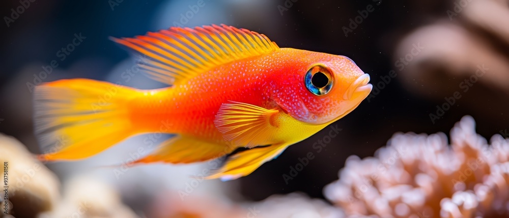 A tight shot of a vibrant red-orange fish against coral-studded backdrop in an aquarium A tight shot of a vibrant red-orange fish against coral-studded backdrop in an aquarium