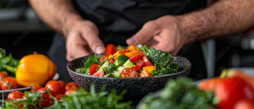A tight shot of a laden table bowl, brimming with tomatoes, broccoli, and assorted vegetables A tight shot of a laden table bowl, brimming with tomatoes, broccoli, and assorted vegetables