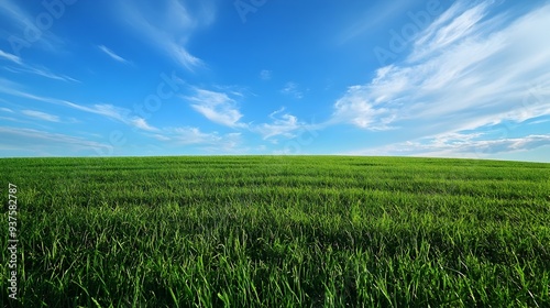 Expansive green meadow under a clear blue sky a peaceful countryside landscape