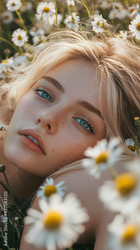 Girl with Blonde Hair and Turquoise Eyes Lying in a Chamomile Field Girl with Blonde Hair and Turquoise Eyes Lying in a Chamomile Field