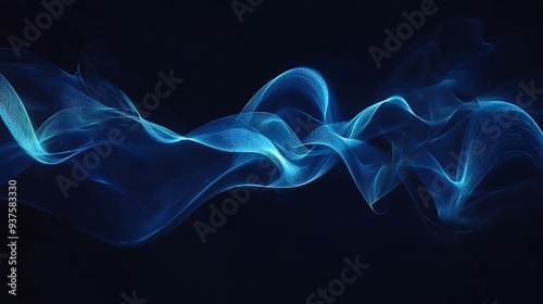 Elegant, minimalistic dark abstract image with fluid, glowing blue wave-like lines on a black backdrop, creating depth and motion