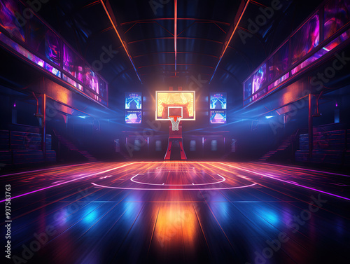 Eyecatching neon basketball field scheme virtual sport playground sportive game pink blue glowing line