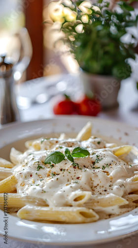 Italian Gourmet Penne Pasta with Bechamel Cream Sauce in Elegant Restaurant Setting photo