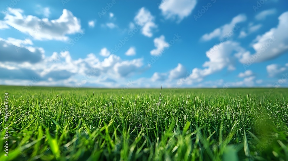 Early morning scenic landscape with green grass field and clear blue sky with fluffy clouds