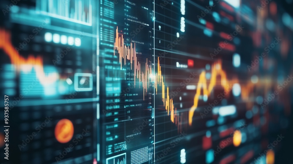 Vibrant stock market data visualization on a digital screen showing financial analysis, trends, and market movement in a dynamic environment. Vibrant stock market data visualization on a digital screen showing financial analysis, trends, and market movement in a dynamic environment.