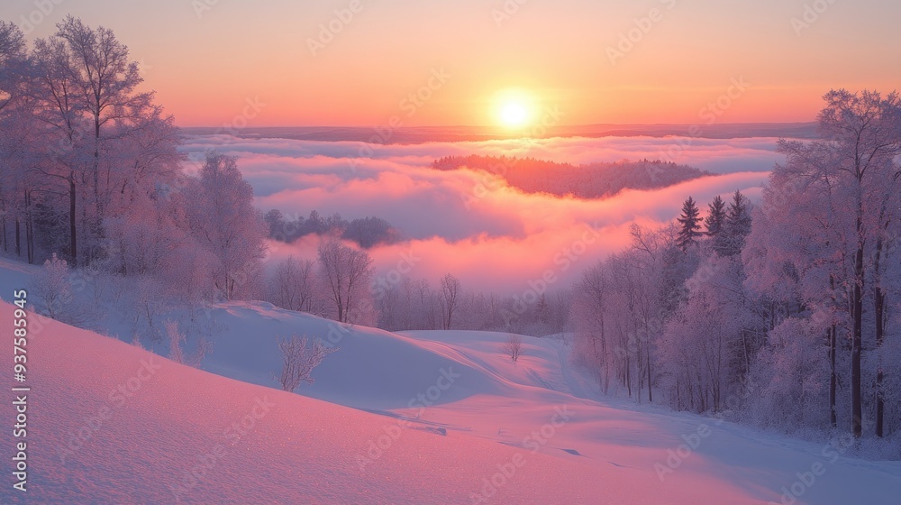 Aerial view of sunrise over winter forest covered with low clouds Aerial view of sunrise over winter forest covered with low clouds