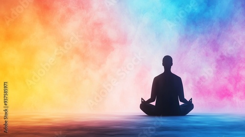 A serene figure meditating against a vibrant background of colorful hues, symbolizing peace and mindfulness.