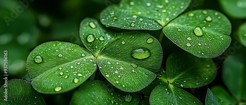  Four-leaf clovers, each adorned with drops of water, are positioned against a backdrop of verdant clover leaves in the foreground