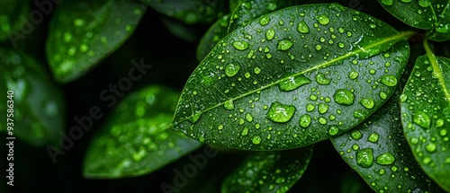  A close-up of a green leaf, adorned with drops of water Green leaves, each bedecked with water droplets photo