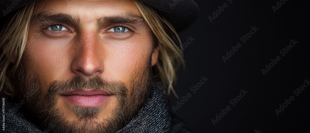 A close-up of a man in a hat and a scarf around his neck A close-up of a man in a hat and a scarf around his neck