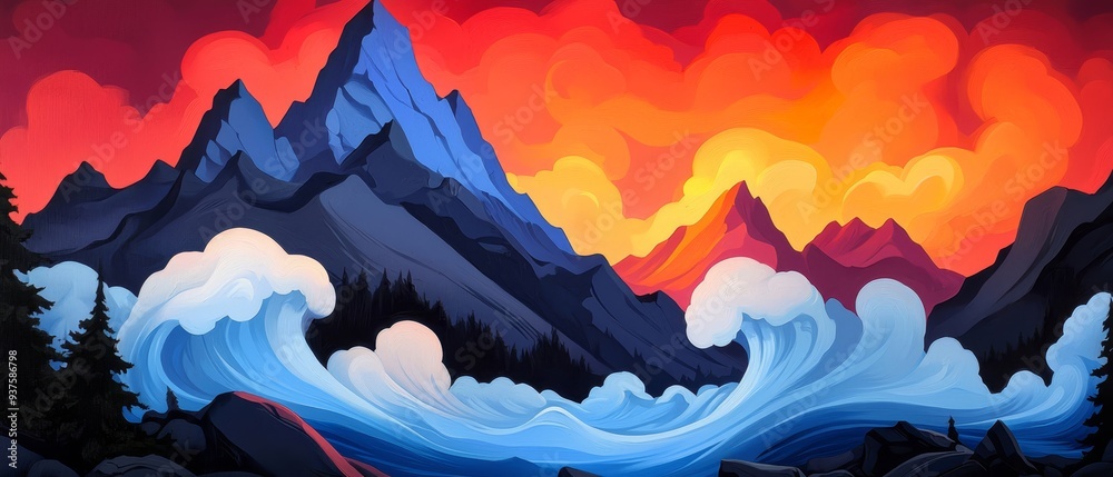 A red-sky backdrop cloaks a mountaineous scene, where a colossal wave emerges from the water A red-sky backdrop cloaks a mountaineous scene, where a colossal wave emerges from the water