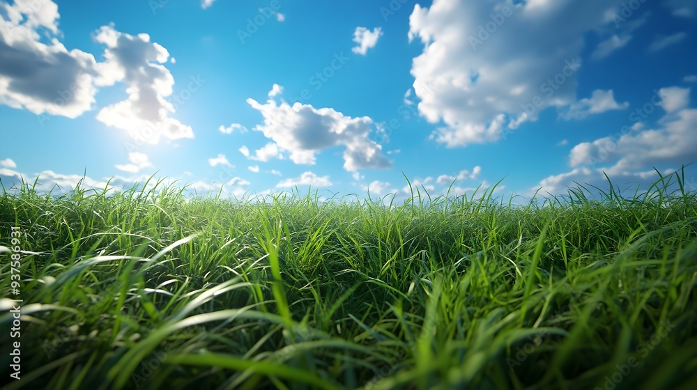 Stunning Early Morning Serene Meadow With Lush Green Grass And Bright Blue Sky With Fluffy Clouds Stunning Early Morning Serene Meadow With Lush Green Grass And Bright Blue Sky With Fluffy Clouds