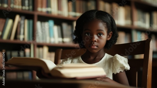 African-American children read books carefully in the library, the child's eyes are full of the desire for knowledge, the school, reading 