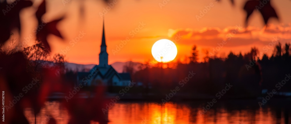 The sun sets over a tranquil lake, a church steeple distinguishing the horizon in the distance, while trees line the foreground The sun sets over a tranquil lake, a church steeple distinguishing the horizon in the distance, while trees line the foreground