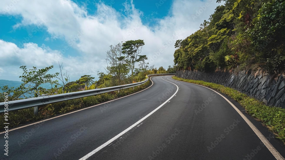 Naklejka premium A long road disappearing into a vibrant sky, illustrating the hopeful journey toward future possibilities and innovations. 