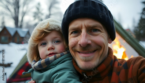 A middle-aged Caucasian man with a beard and a young girl, both wearing winter clothing, smiling and looking at the camera, camping in winter