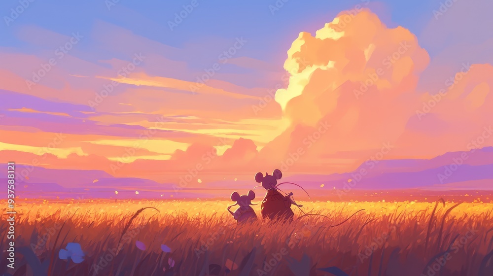 Fototapeta premium Two mice stand in a field of tall grass at sunset, with a large cloud in the sky.