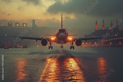 a passenger plane flies low over water photo