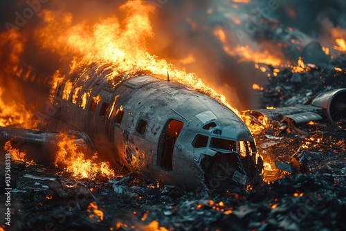 a photo of a aviation accident A burning plane crashed in the ground and exploded Broken details and pieces