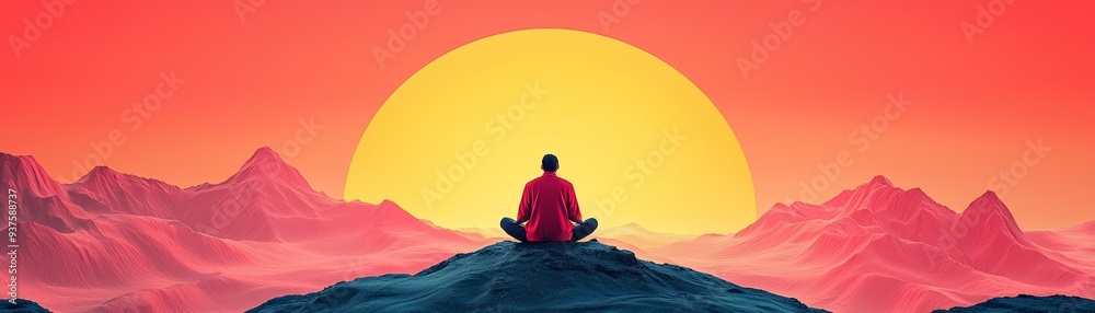 A serene moment of meditation at sunset, showcasing tranquility and peace against a vibrant orange sky and majestic mountains. A serene moment of meditation at sunset, showcasing tranquility and peace against a vibrant orange sky and majestic mountains.