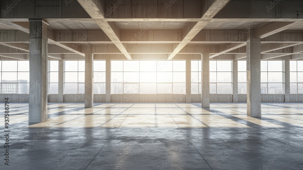 Sunlit Potential: Empty Industrial Space Awaits Transformation - A vast, empty industrial space bathed in the warm glow of the setting sun, its concrete floor and pillars gleaming with possibility. Sunlit Potential: Empty Industrial Space Awaits Transformation - A vast, empty industrial space bathed in the warm glow of the setting sun, its concrete floor and pillars gleaming with possibility.