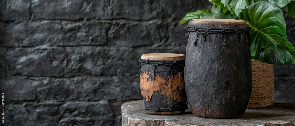 Two vases atop a wooden table, nearby is a potted plant against a stone wall Two vases atop a wooden table, nearby is a potted plant against a stone wall