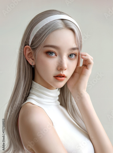 High Quality Detailed, Woman Beauty skin texture, ash gray hair and white hair band, natural light glowing skin, AI generative